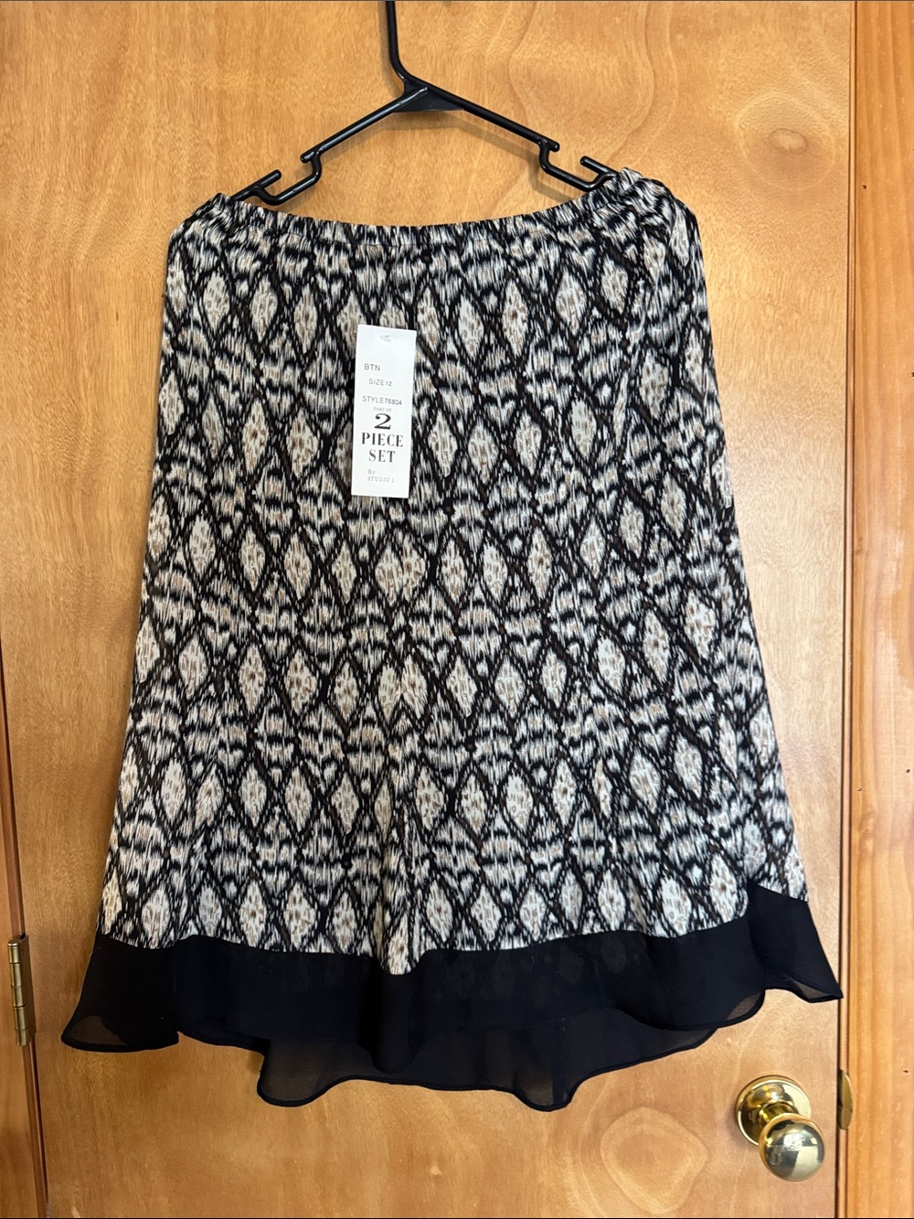 Black & Cream Patterned Circle Skirt with Black Chiffon Hem